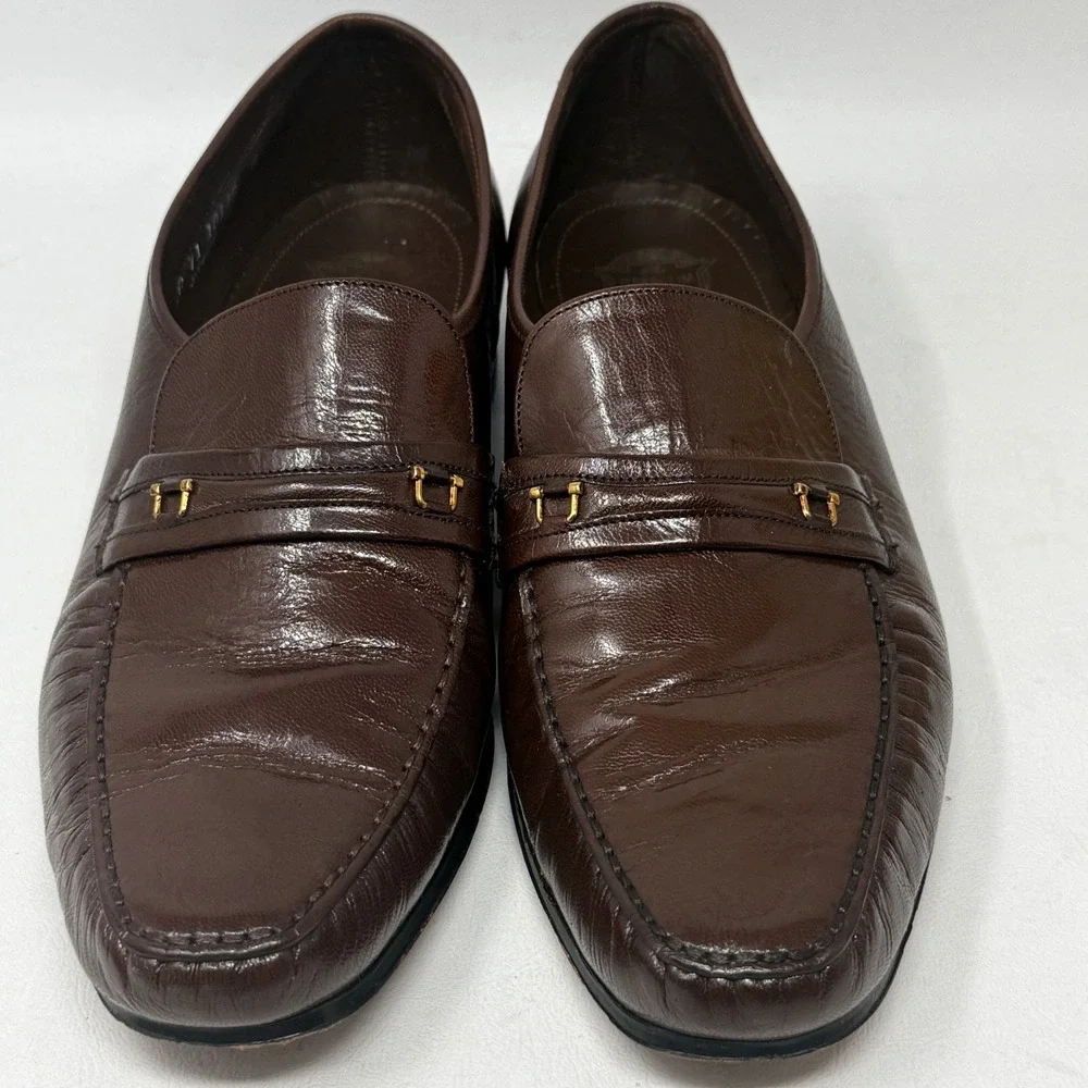 Florsheim Brown Leather Loafers Vintage 80s 90s Moc Toe 10D Preppy Retro Money